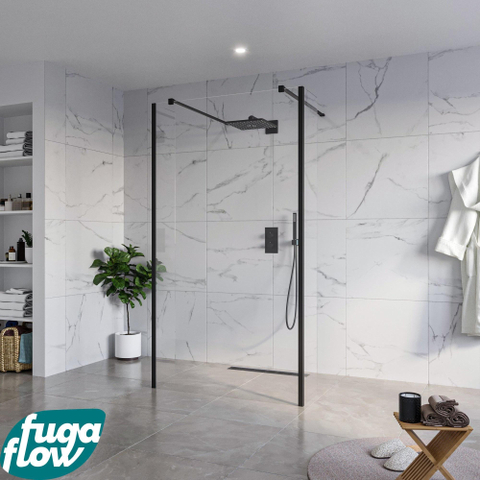 FugaFlow Eccelente Vetro Vrijstaande inloopdouche badkamer - 110x200cm - Helder - antikalk - 8mm veiligheidsglas - 2 zijwanden 40cm - met wandarmen en hoekprofielen - Zwart mat - SW1125574