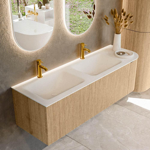 MONDIAZ KURVE meuble de salle de bains 145 cm avec module 25 R couleur Chêne avec 1 tiroir et 1 porte. Lavabo CLOUD double / gauche 2 trous de robinet Talc. SW1138247
