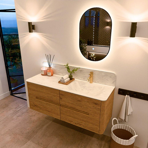 Mondiaz CIRO-DLUX Badkamermeubelset - 130x45x50cm - Solid surface wastafel Opalo - 1 wasbak Rechts - 1 kraangat - 4 lades - Oak SW1533784