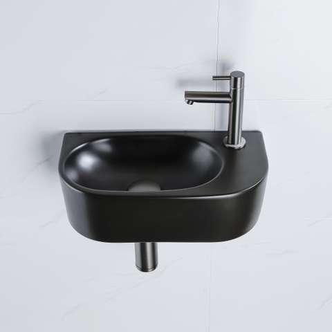 Fugaflow Efficiente Pietra Ensemble lave-mains - 40x21.5x12cm - droit - lisse - semi-rond - 1 trou de robinet - céramique - robinet de lave-mains gunmetal - bonde - siphon abaissé - noir mat SW1442372