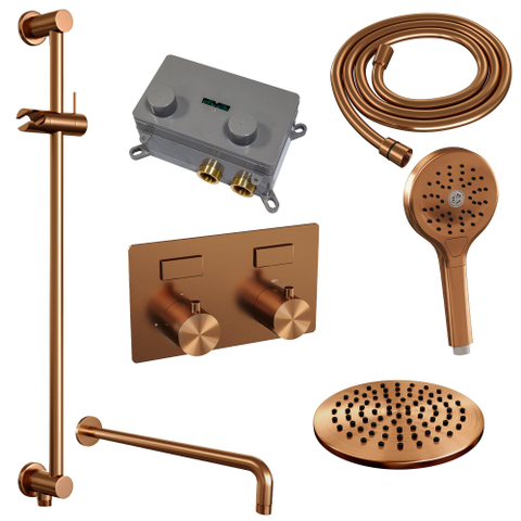 BRAUER Copper Edition Thermostatische Regendouche inbouw - drukknoppen - SET 69 - 20cm hoofddouche - gebogen muurarm - 3 standen handdouche - doucheslang - geïntegreerde glijstang - koper geborsteld PVD SW925608
