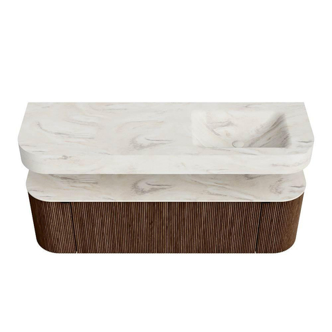 MONDIAZ THOR-DLUX 150cm meuble de salle de bains arrondi gauche + droite couleur Walnut avec 1 tiroir et 2 portes. Vasque suspendue CLOUD Droite 1 trou de robinet couleur Ostra. SW1464481