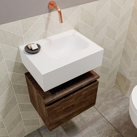 MONDIAZ ANDOR Toiletmeubel 40x30x30cm met 0 kraangaten 1 lades dark brown mat Wastafel Lex rechts Solid Surface Wit SW474310