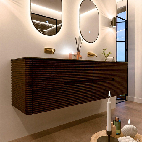 Mondiaz CIRO-DLUX Meuble de salle de bains ensemble - 170x45x50cm - Vasque solid surface Lava - 2 bacs Double - sans trous de robinet - 4 tiroirs - Noyer SW1530170