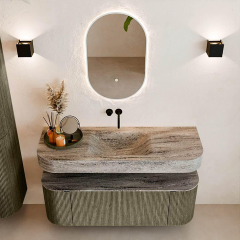 MONDIAZ THOR-DLUX 130cm meuble de salle de bains arrondi gauche + droite couleur Shadow avec 1 tiroir et 2 portes. Vasque suspendue CLOUD Milieu sans trou de robinet couleur Oza. SW1463999