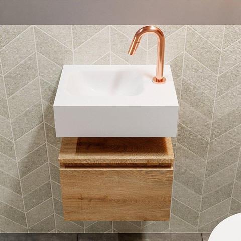 MONDIAZ ANDOR Toiletmeubel 40x30x30cm met 1 kraangaten 1 lades washed oak mat Wastafel Lex links Solid Surface Wit SW474258
