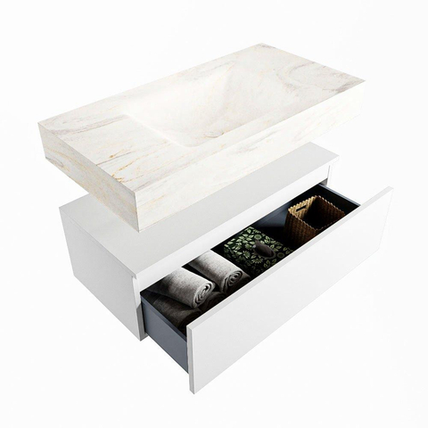 Mondiaz ALAN-DLUX Ensemble de meuble - 90cm - meuble Talc mat - 1 tiroir - Lavabo Cloud Ostra suspendu - vasque Centre - 1 trou de robinet SW806750