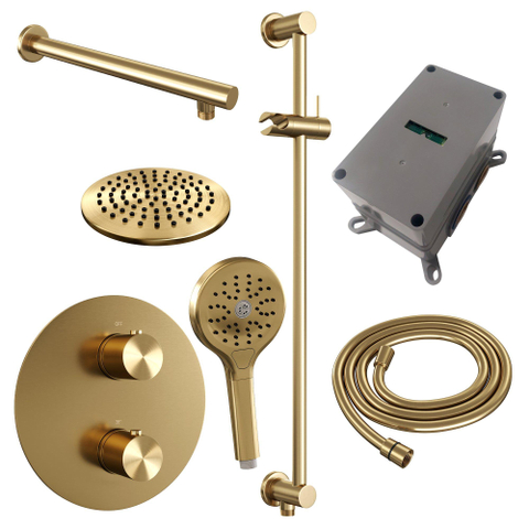 BRAUER Gold Edition douche thermostatique encastrée - 3 voies - rond - set 91 - douche principale de 20 cm - bras mural droit - douchette à main 3 positions - flexible de douche - barre de douche intégrée - or brossé PVD SW1159030