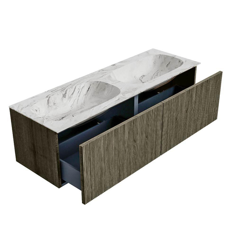 Mondiaz KURVE-DLUX Ensemble meuble de salle de bains - 140x46x40cm - 2 tiroirs - lavabo solid surface - double - 2 trous de robinet - Shadow SW1414602