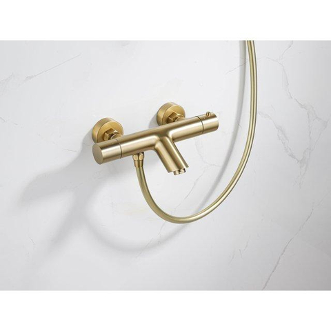 Fortifura Calvi Thermostatische badkraan - met ronde handdouche handdouchehouder en gladde doucheslang - PVD - geborsteld messing (goud) SW811975