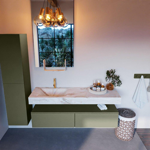 Mondiaz ALAN-DLUX Ensemble de meuble - 150cm - meuble Army mat - 2 tiroirs - Lavabo Cloud Frappe suspendu - vasque Gauche - 1 trou de robinet SW804773