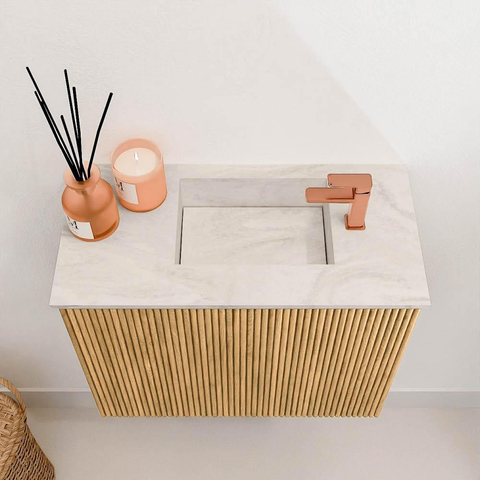 Mondiaz JOYA-DLUX 50cm toiletmeubel - kleur Oak - Wastafel FAYE positie Rechts 1 kraangat kleur Ostra. SW1422172