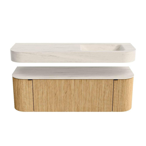 MONDIAZ THOR-DLUX 140cm badmeubel ronding links + rechts kleur Oak met 1 lade en 2 deuren. Vrijhangende wastafel CLOUD Rechts zonder kraangat kleur Meli. SW1464385