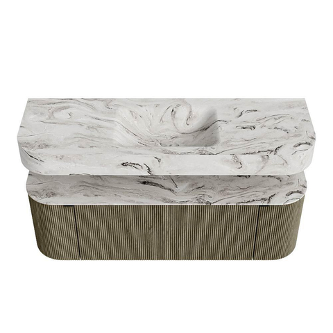 MONDIAZ THOR-DLUX 140cm meuble de salle de bains arrondi gauche + droite couleur Shadow avec 1 tiroir et 2 portes. Vasque suspendue CLOUD Milieu 1 trou de robinet couleur Glace. SW1464138