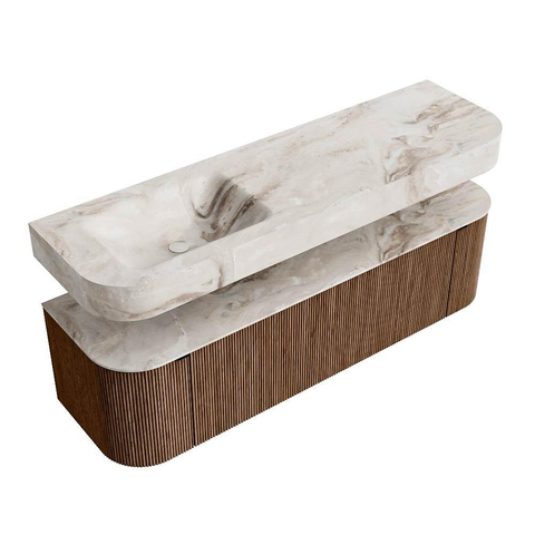 MONDIAZ THOR-DLUX 160cm meuble de salle de bains arrondi gauche + droite couleur Walnut avec 1 tiroir et 2 portes. Vasque suspendue CLOUD Gauche sans trou de robinet couleur Frappe. SW1464982