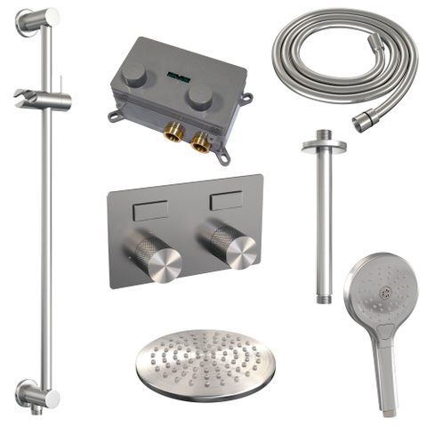 BRAUER Brushed Carving Thermostatische Regendouche inbouw - drukknoppen - SET 71 - 20cm hoofddouche - plafondarm - 3 standen handdouche - doucheslang - geïntegreerde glijstang - RVS geborsteld PVD SW925477