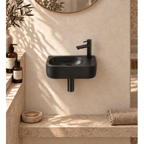 QeramiQ Fuente pack lave-mains – demi-rond – 40 x 21,5 x 12 cm – perçage à droite – robinet noir mat SW1232796