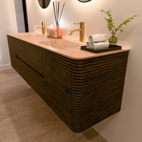 Mondiaz CIRO-DLUX Badkamermeubelset - 180x45x50cm - Solid surface wastafel Saba - 2 wasbak Dubbel - 2 kraangaten - 4 lades - Shadow SW1532734
