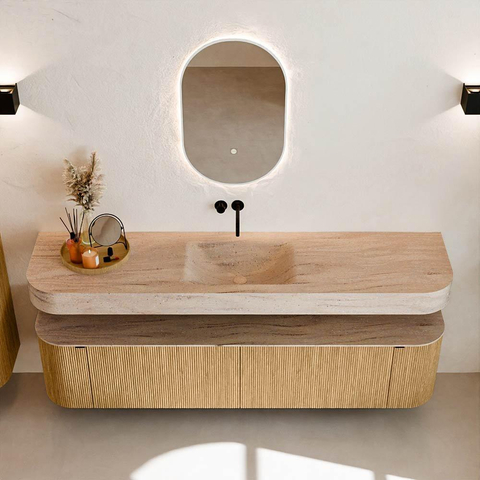 MONDIAZ THOR-DLUX Meuble de salle de bains - 190cm - arrondi gauche + droite - couleur Oak - 2 tiroirs - 2 portes - Vasque suspendue CLOUD Milieu sans trou de robinet couleur Saba SW1466653
