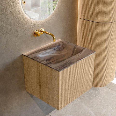 MONDIAZ KURVE-DLUX Meuble de salle de bains 50cm couleur Oak avec 1 tiroir et 0 porte. Lavabo GRUNNE Central sans trou de robinet Sombra. SW1433522