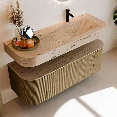 MONDIAZ THOR-DLUX 130cm meuble de salle de bains arrondi gauche + droite couleur Dusk avec 1 tiroir et 2 portes. Vasque suspendue CLOUD Droite 1 trou de robinet couleur Arena. SW1463803
