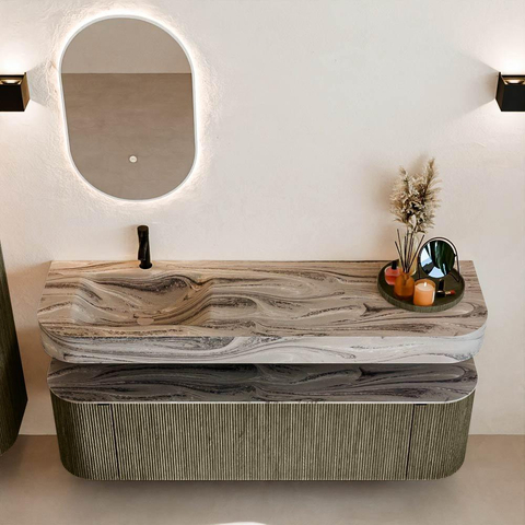 MONDIAZ THOR-DLUX 160cm meuble de salle de bains arrondi gauche + droite couleur Shadow avec 1 tiroir et 2 portes. Vasque suspendue CLOUD Gauche 1 trou de robinet couleur Sombra. SW1467685