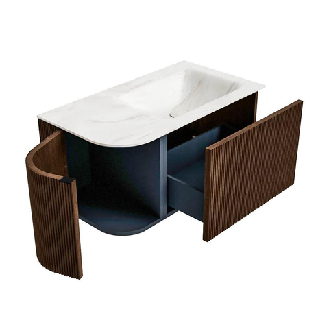 MONDIAZ KURVE-DLUX 85cm badmeubel met module 25 L kleur Walnut met 1 lade en 1 deur. Wastafel CLOUD rechts 1 kraangat kleur Ostra. SW1137808