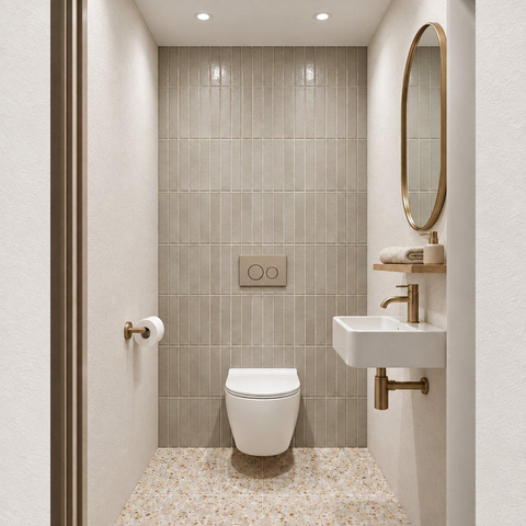 Adema Salina 2.0 Toiletset - 48.5x36x32cm - diepspoel - spoelrandloos - QeramiQ inbouwreservoir - softclose - quickrelease - toiletzitting - taupe kunststof bedieningsplaat - ronde knoppen - wit SW1474577