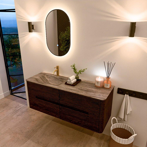 Mondiaz CIRO-DLUX Badkamermeubelset - 130x45x50cm - Solid surface wastafel Oza - 1 wasbak Links - 1 kraangat - 4 lades - Walnut SW1530651
