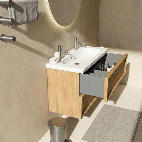 Saniclass Holz Frame Badkamermeubelset - 100x45x63.5cm - Palermo keramische wastafel wit - 1 wasbak - 2 kraangaten - 2 lades - mat eiken natural (hout) SW1579718