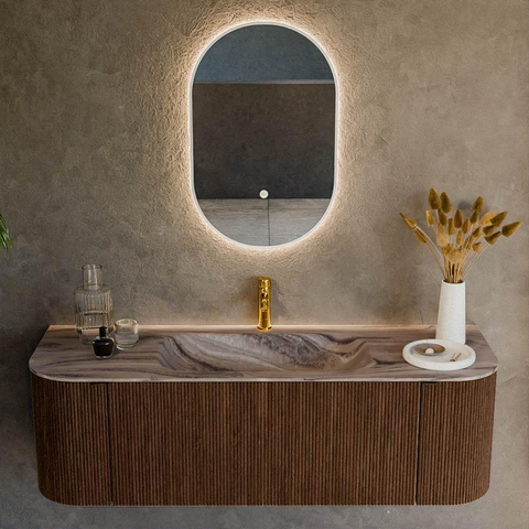 MONDIAZ KURVE-DLUX 140cm badmeubel ronding Links + Rechts kleur Walnut met 1 lade en 2 deuren. Wastafel BIG SMALL Midden 1 kraangat Sombra. SW1433661