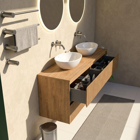 Saniclass Holz Atelier Badkamermeubelset - 160x45x62cm - houten topblad - zonder kraangat - 4 lades - mat eiken natural (hout) SW1479054