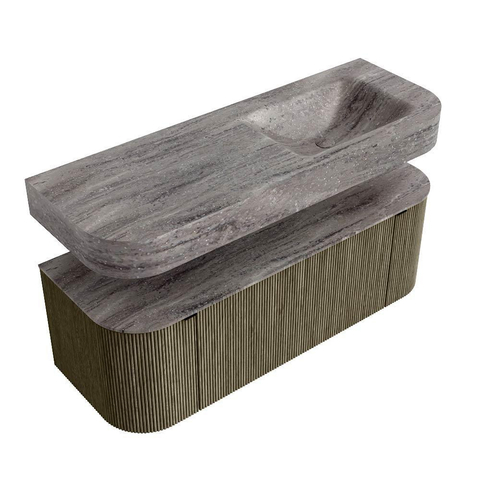 MONDIAZ THOR-DLUX 130cm meuble de salle de bains arrondi gauche + droite couleur Shadow avec 1 tiroir et 2 portes. Vasque suspendue CLOUD Droite 1 trou de robinet couleur Oza. SW1463991