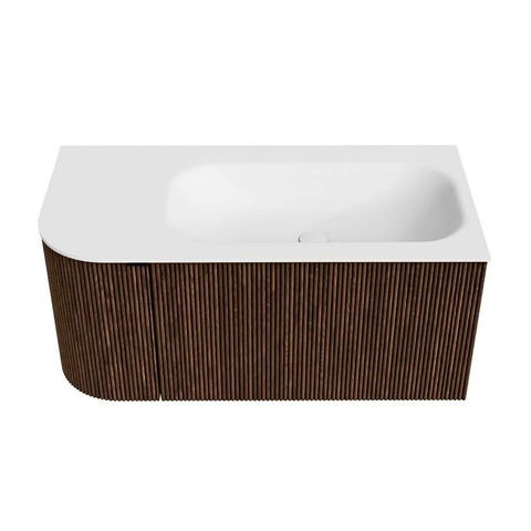 MONDIAZ KURVE Meuble de salle de bains 95 cm avec module 25 L couleur Walnut avec 1 tiroir et 1 porte. Lavabo BIG SMALL à droite sans trou de robinet Talc. SW1138237