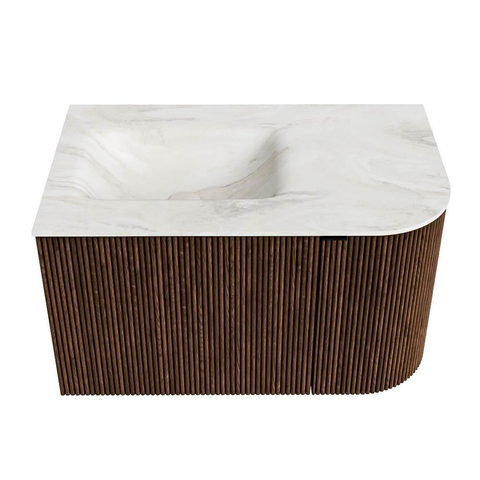 MONDIAZ KURVE-DLUX meuble de salle de bains 75cm avec module 25 R couleur Walnut avec 1 tiroir et 1 porte. Lavabo GRUNNE gauche 1 trou de robinet couleur Ostra. SW1137793
