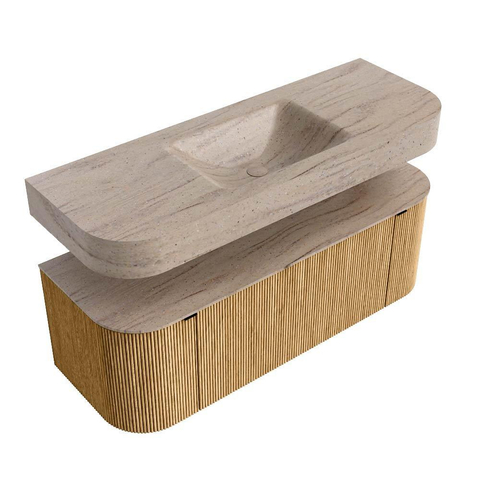 MONDIAZ THOR-DLUX Meuble de salle de bains 130cm arrondi gauche + droite couleur Oak avec 1 tiroir et 2 portes. Vasque suspendue CLOUD Milieu 1 trou de robinet couleur Saba. SW1464011