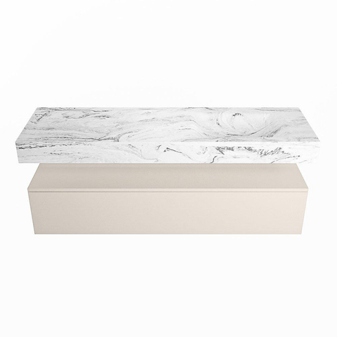 Mondiaz ALAN-DLUX Ensemble de meuble - 150cm - meuble Linen mat - 1 tiroir - Lavabo Cloud Glace suspendu - vasque Droite - 1 trou de robinet SW806030