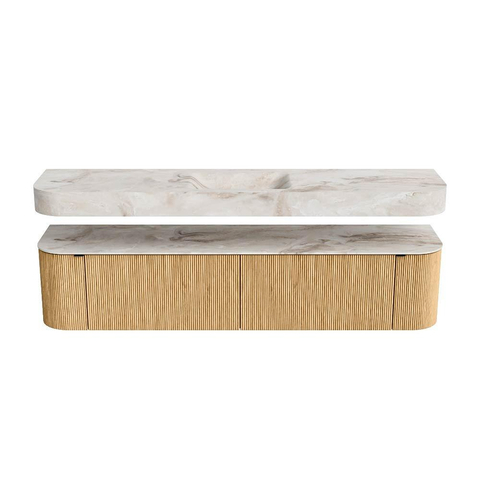 MONDIAZ THOR-DLUX 200cm meuble de salle de bains arrondi gauche + droite couleur Chêne avec 2 tiroirs et 2 portes. Vasque suspendue CLOUD Milieu sans trou de robinet couleur Frappe. SW1466945