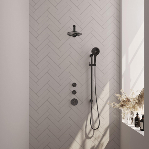 Brauer Gunmetal Edition Douche pluie thermostatique avec pommeau 20cm et bras mural 40cm et douchette Rond 3 jet flexible lisse avec coude mural Gunmetal brossé PVD SW715834