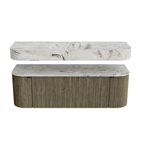 MONDIAZ THOR-DLUX Meuble de salle de bains 140cm arrondi gauche + droite couleur Shadow avec 1 tiroir et 2 portes. Vasque suspendue CLOUD Milieu sans trou de robinet couleur Glace. SW1464134