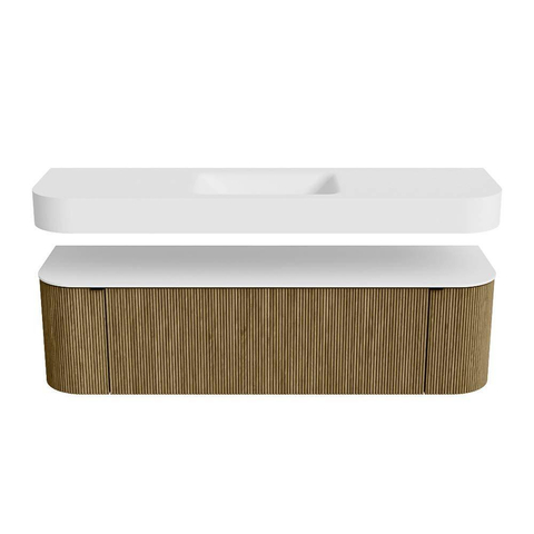 MONDIAZ THOR 160cm meuble de salle de bains arrondi gauche + droite couleur Dusk avec 1 tiroir et 2 portes. Vasque suspendue CLOUD Milieu sans trou de robinet couleur Talc. SW1465022