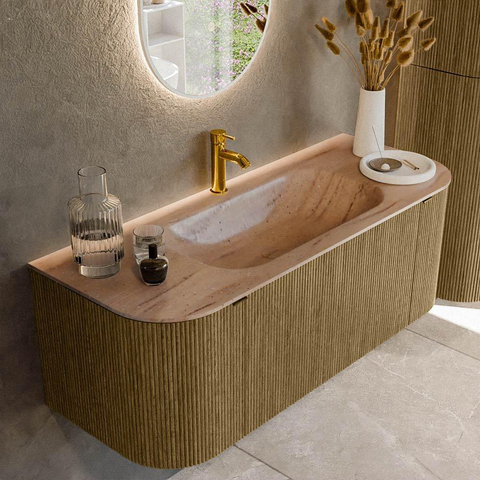 MONDIAZ KURVE-DLUX Meuble de salle de bains 120cm arrondi Gauche + Droite couleur Dusk avec 1 tiroir et 2 portes. Lavabo BIG SMALL Central 1 trou de robinet Saba. SW1433328