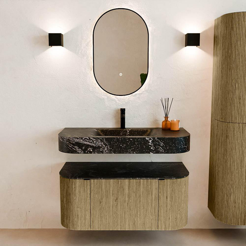 MONDIAZ THOR-DLUX 100cm meuble de salle de bains arrondi gauche + droite couleur Dusk avec 1 tiroir et 2 portes. Vasque suspendue CLOUD Milieu 1 trou de robinet couleur Lava. SW1467401
