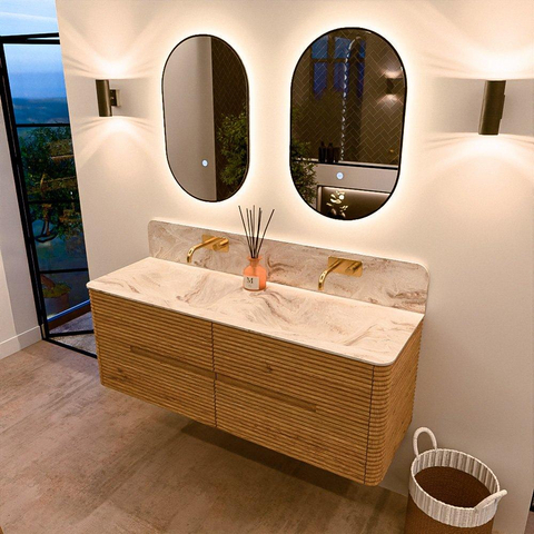 Mondiaz CIRO-DLUX Badkamermeubelset - 140x45x50cm - Solid surface wastafel Frappe - 2 wasbak Dubbel - zonder kraangaten - 4 lades - Oak SW1530846