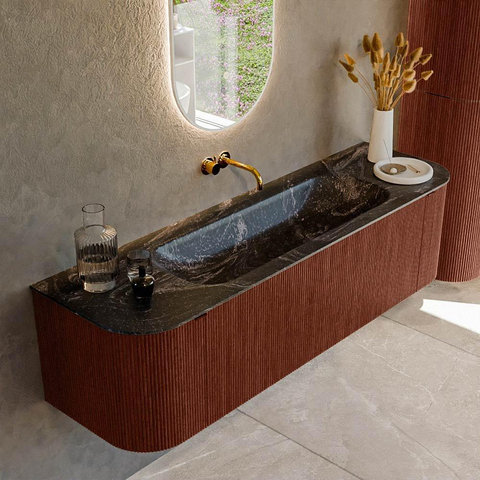 Mondiaz KURVE-DLUX Ensemble meuble de salle de bains - 160x46x40cm - 1 tiroir - 2 portes - lavabo solid surface - central - sans trou de robinet - Ruby SW1416048