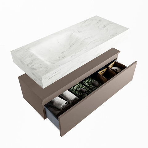 Mondiaz ALAN-DLUX Ensemble de meuble - 110cm - meuble Smoke mat - 1 tiroir - Lavabo Cloud Opalo suspendu - vasque Gauche - 1 trou de robinet SW806439