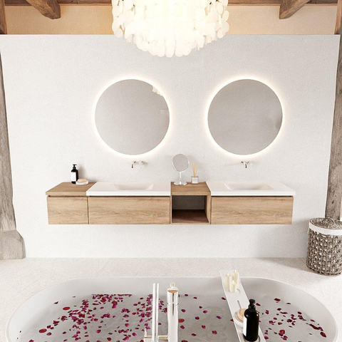 MONDIAZ BUKLA 240cm ensemble de meuble avec module ouvert 40 à droite couleur Chêne blanchi avec 3 tiroirs. Lavabo CLOUD double 0 trou de robinet couleur Talc. SW1382211