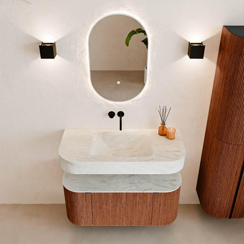 MONDIAZ THOR-DLUX 100cm meuble de salle de bains arrondi gauche + droite couleur Ruby avec 1 tiroir et 2 portes. Vasque suspendue CLOUD Milieu sans trou de robinet couleur Opalo. SW1467418