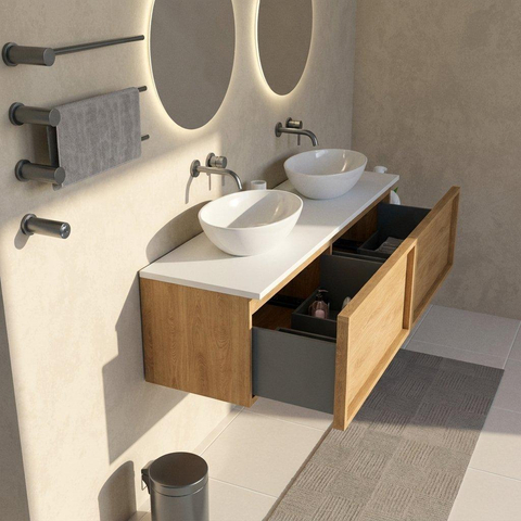 Saniclass Holz Frame Badkamermeubelset - 160x45x42.5cm - Torino solid surface topblad wit - zonder kraangat - 2 lades - mat eiken natural (hout) SW1479086