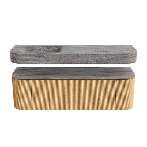 MONDIAZ THOR-DLUX 150cm badmeubel ronding links + rechts kleur Oak met 1 lade en 2 deuren. Vrijhangende wastafel CLOUD Links 1 kraangat kleur Oza. SW1464842